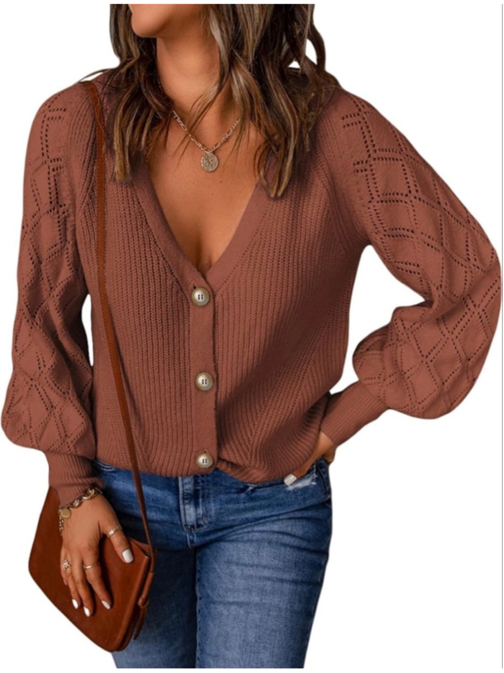 NEW Astylish Long Sleeve Open Front Knit Button Down Cardigan Sweater M